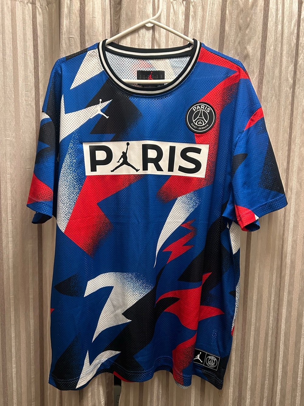 Paris St. Germain Jordan Brand Blue Multi Graphic Men's Jersey Shirt, Size XL